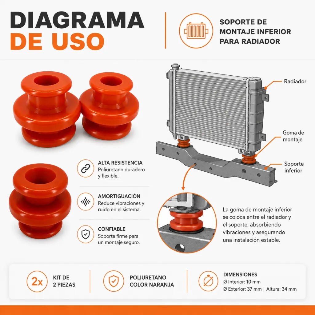 goma-soporte-radiador-inferior-poliuretano-naranja-nissan-tsuru-i-ii-diagrama de uso.webp
